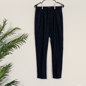 Blue wool dress pants with white pinstripes